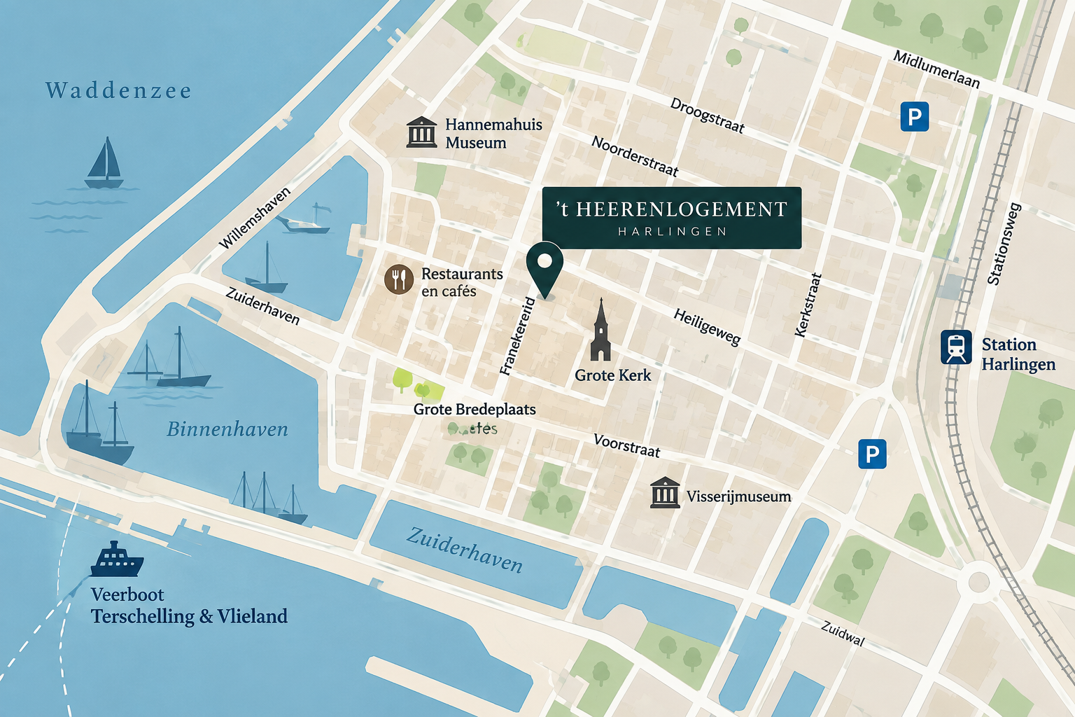 Kaart van Harlingen met de locatie van Hotel 't Heerenlogement